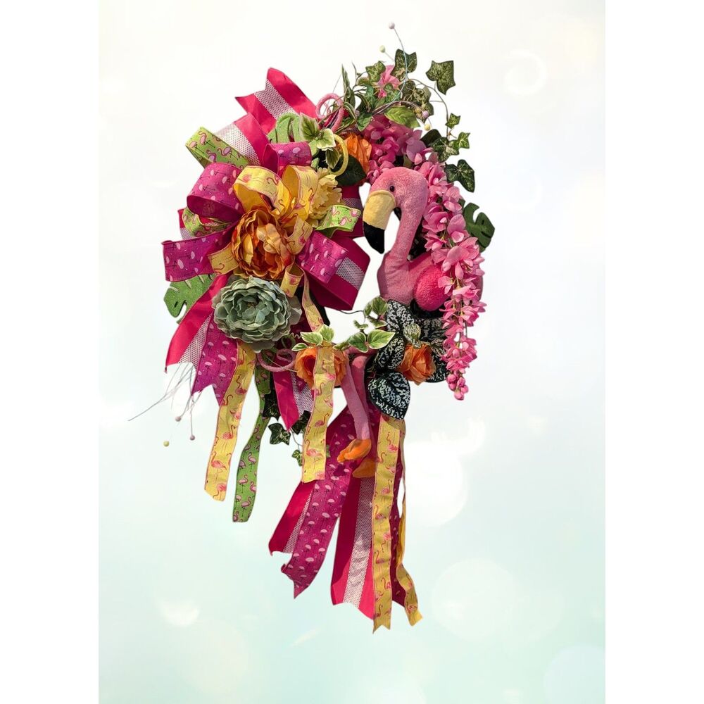 Tropical Plush Pink Flamingo on a grapevine wreath form.